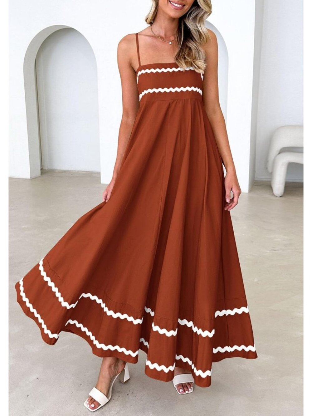 Women's Brown White Sleeveless Square Neck High Waist Pocket Maxi Dress - Picture 6 of 6